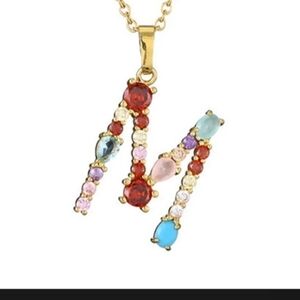 M Initial Pendant Necklace Multi-color Rhinestones Gold Tone Chain